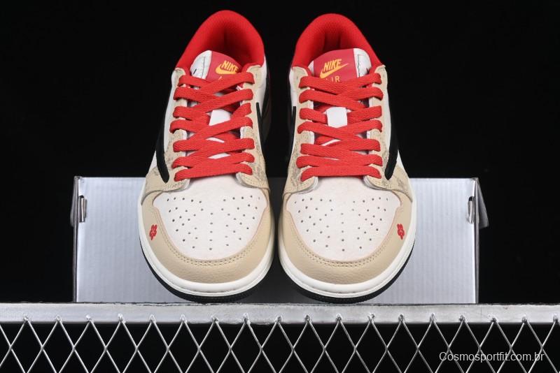 Nike Travis Scott x Fragment Design x Air Jordan 1 Low OG SP AJ1 Snake Year Limited Red Brown Black Swoosh Low Top Casual Sneakers - DM7866-077