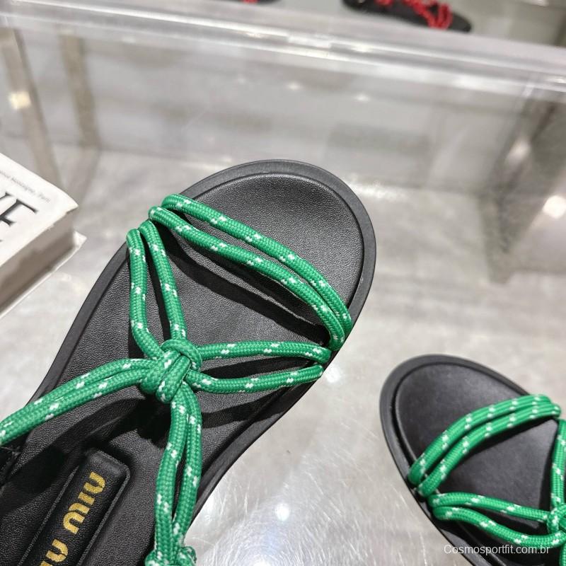 2025 Women Miu Miu Green Black Rope Leather Sandals